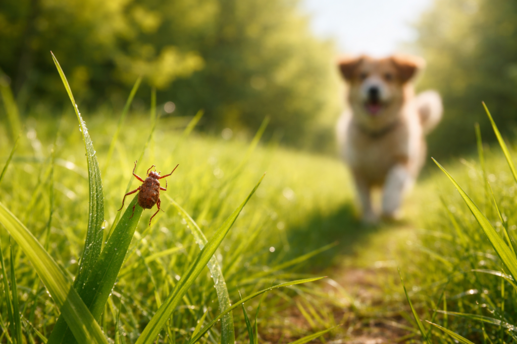 Hund im Gras – natürlicher Zeckenschutz beim Hund